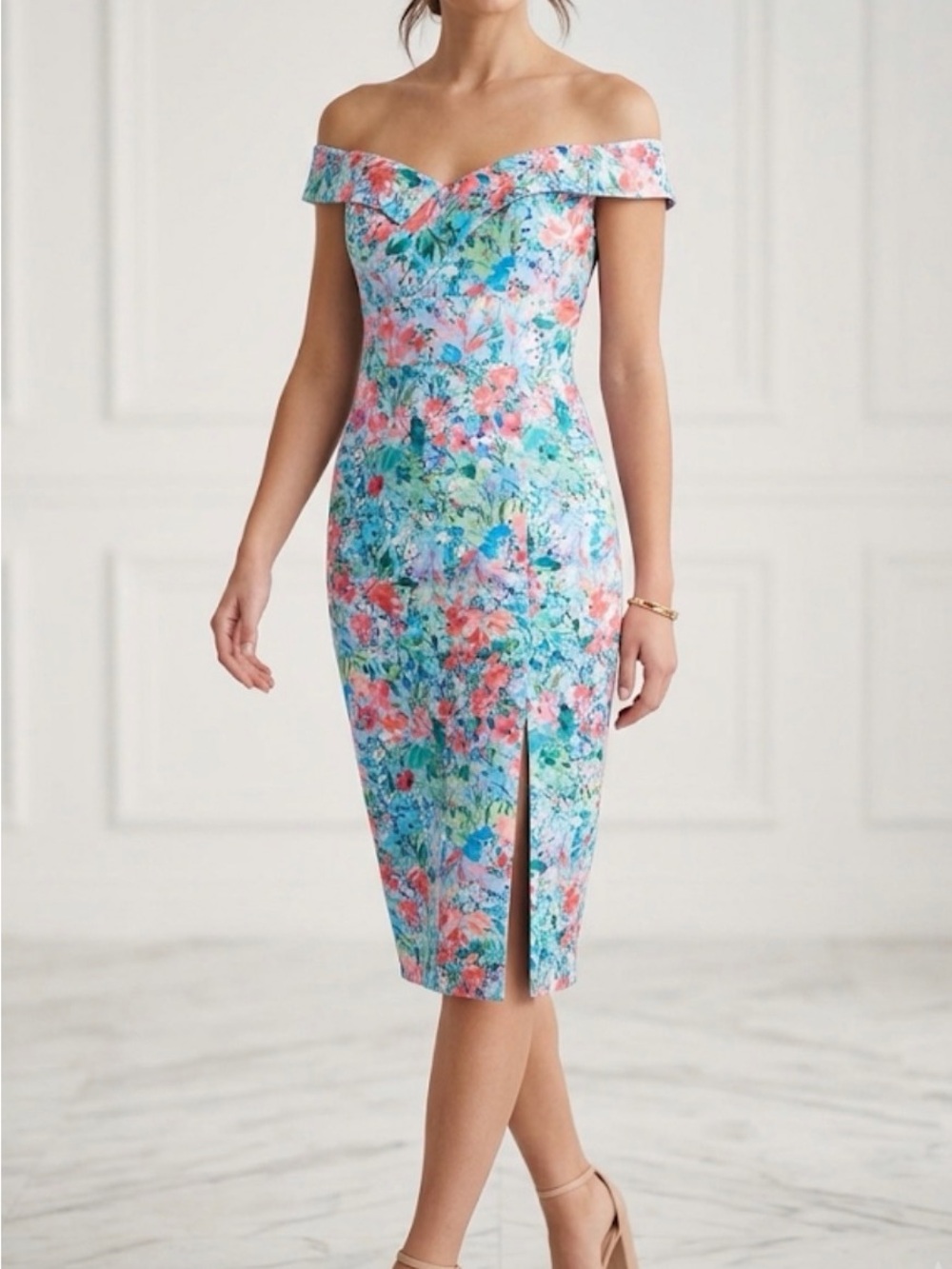 Aidan Mattox Floral Off-the-Shoulder Sheath Garden Dress Blue Pink Size 2 NWOT